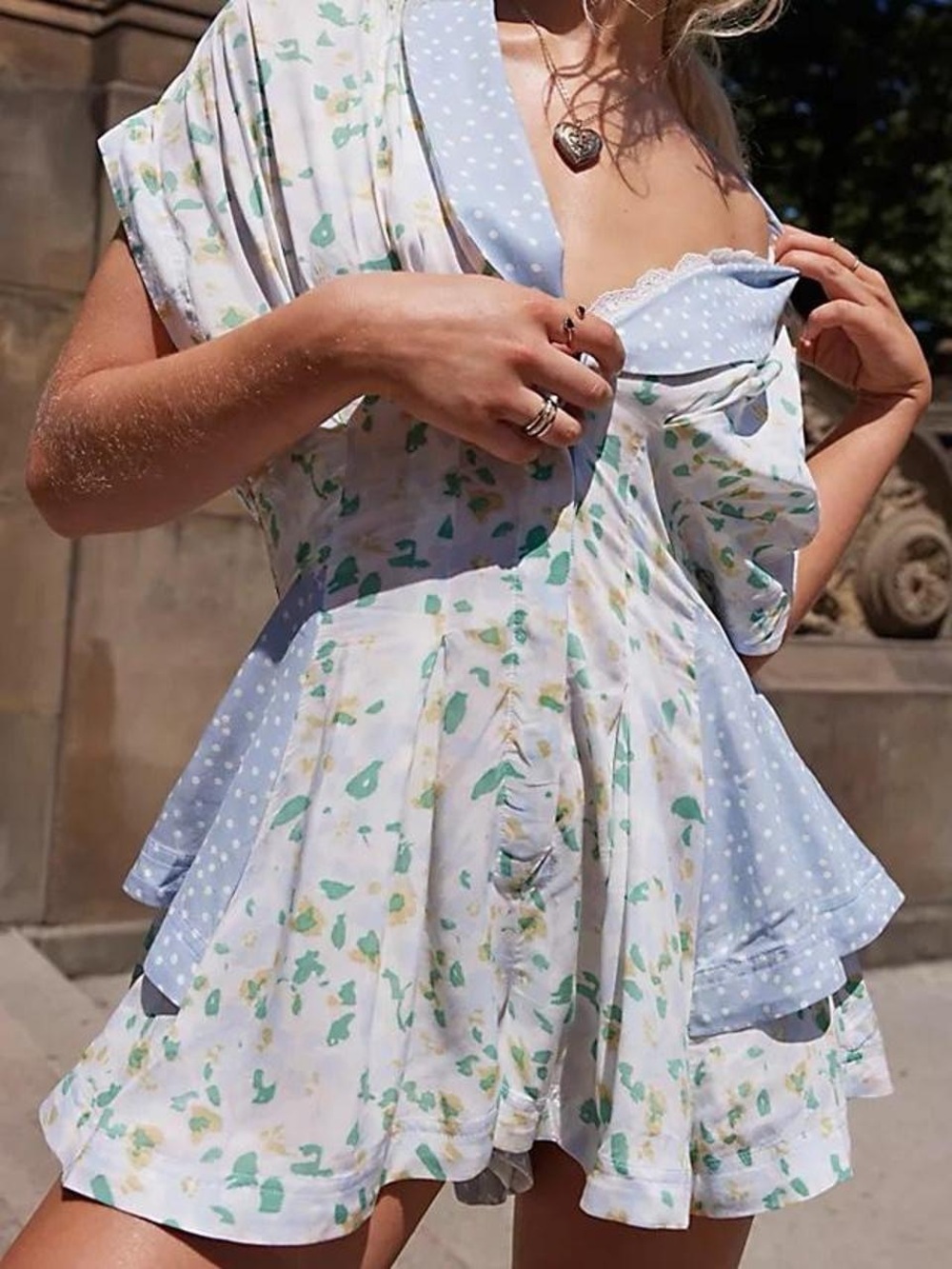 Free People Light Blue and White Floral Polka Dot Mini Dress